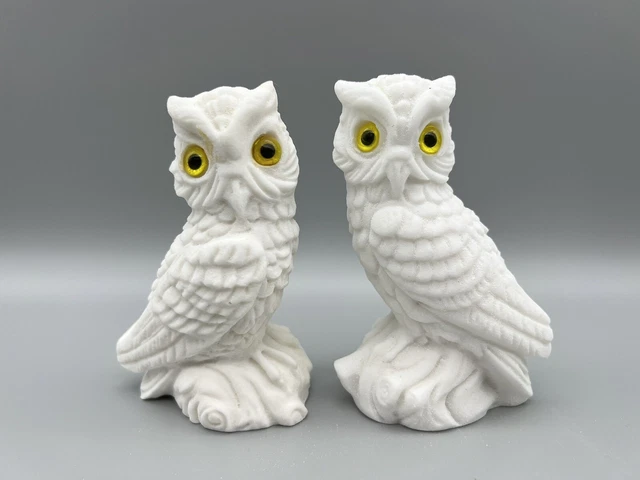 VTG Pair of Italian White Sand Salt Stone Hand Carved Owls Figurine Statue 5"