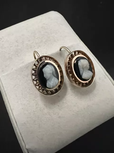 Antique Victorian Era 14K Rose Gold Cameo Pierced Earrings Carved Sardonyx Stone