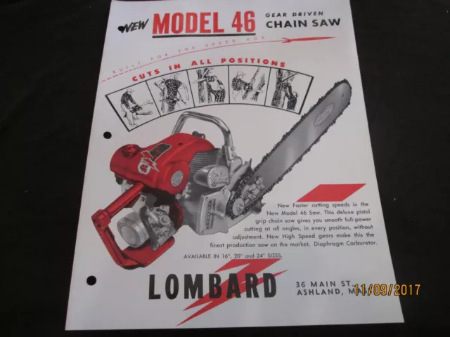 LOMBARD  MODEL 46 CHAIN SAW BROCHURE Vintage Factory Original 1950s