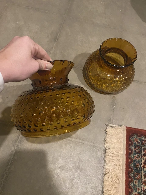 Amber Hobnail Ruffle Lamp Shade Glass Kerosene Oil Student Table Lamp Vintage