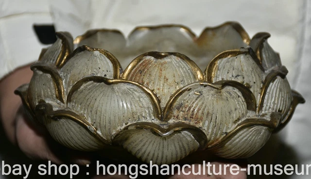 6.8" Marked Old Chinese White Jade Gilt Carving Palace Lotus Incense Burner