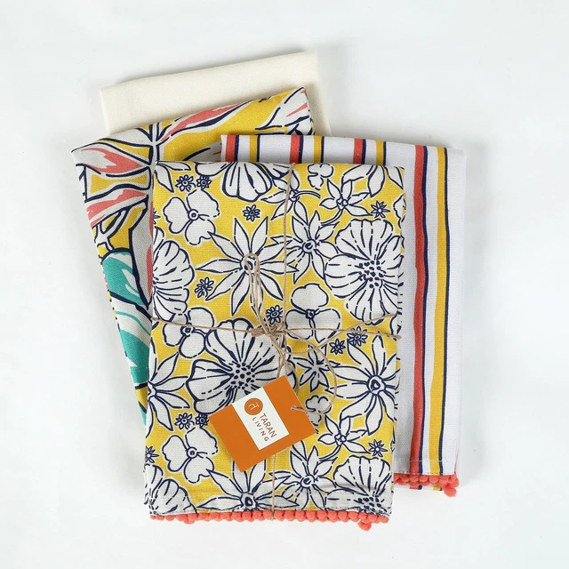 Printed Kitchen Tea Towels 18x28 inch Yellow 100% Cotton Dish Cloth  Set of 4