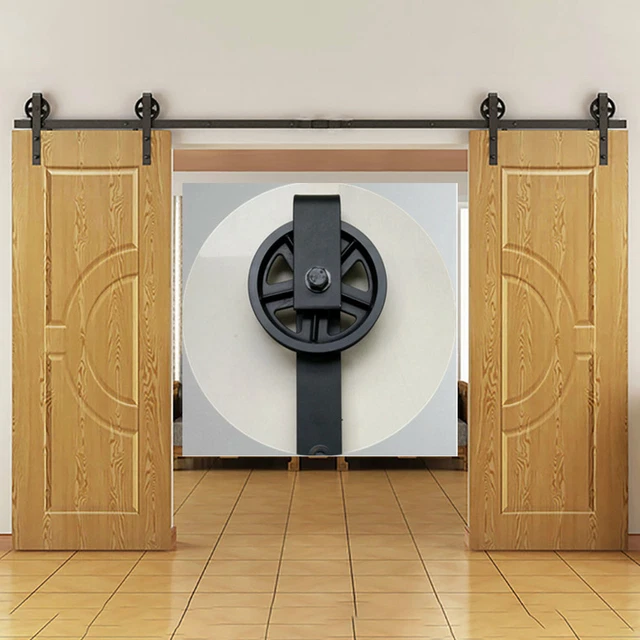 Vintage Strap Industrial Wheel Double Sliding Barn Wood Door Hardware Track Set