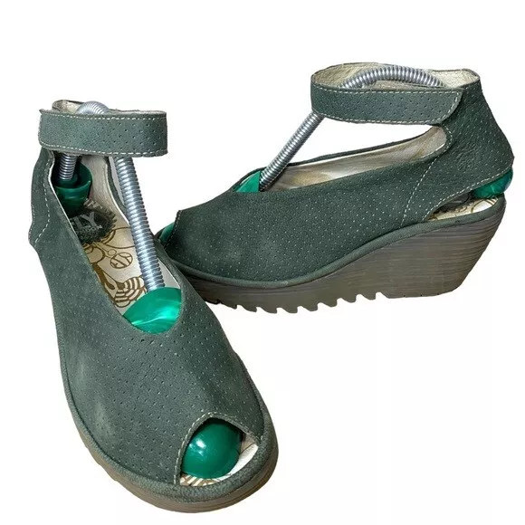 Fly London Green Suede Wedge Sandal Sz 36 EU  Open Toe Ankle Strap Platform Shoe