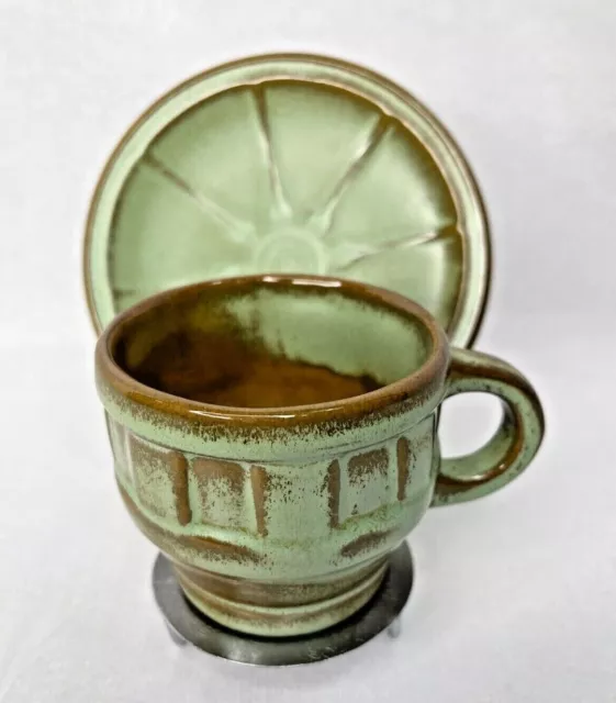 Frankoma Pottery Prairie Green Wagon Wheel Coffee Tea Cup 94C & 94E Saucer Set