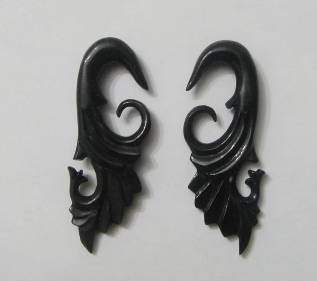 Pair HandCarved Feather Wing TRIBAL FLORAL HORN SPIRAL HANGER FLOWER PLUGS Gauge