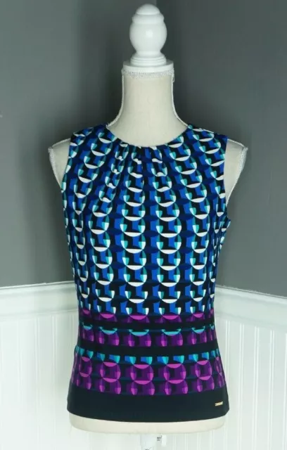 Calvin Klein Geometric Print Pleated Round Neck Keyhole Sleeveless Top Size PXS