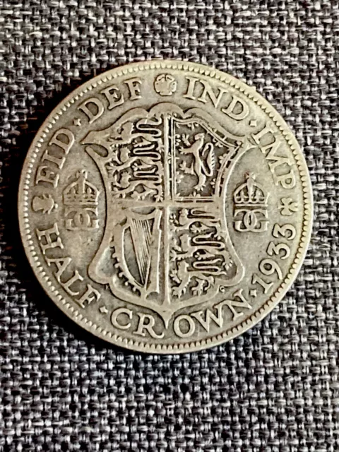 King George V 1933 Half Crown Coin - 50% Silver (Fine/V.F Grade)  RARE, key date