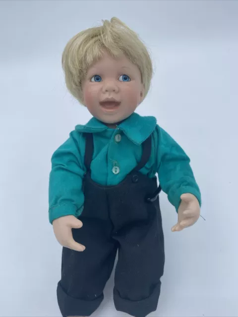 Adorable Boy 8-1/2"  Sitting Porcelain Doll - Blonde / Blue Eyes  - Green Shirt