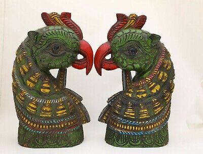 12.5 Inches Pair Of Old Peacock Wooden Statue Figurine Hand Carved Wooden Paint