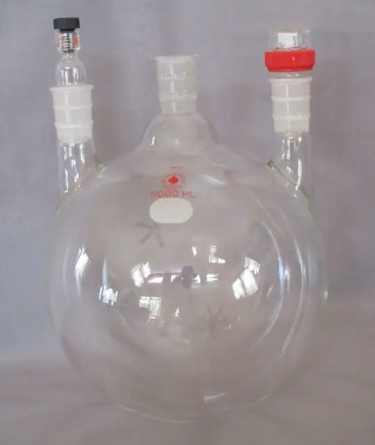 Ace Lab Glass 3 Neck Round Bottom 5000ml 24/40 Flask w/ 2 Stoppers