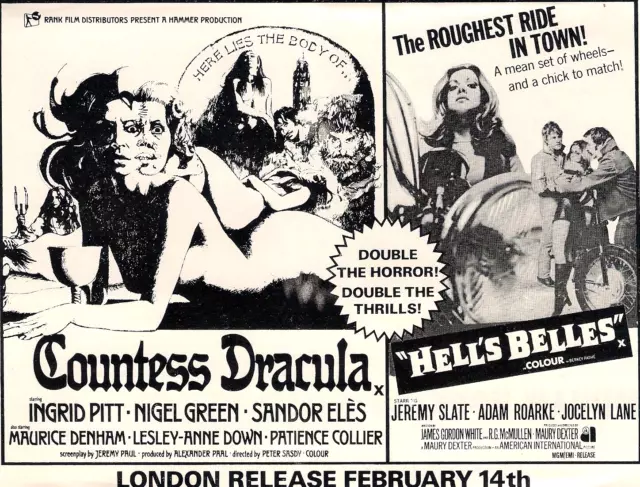 A5 Film Magazine Advert Countess Dracula Ingrid Pitt Nigel Green & Hell's Belles