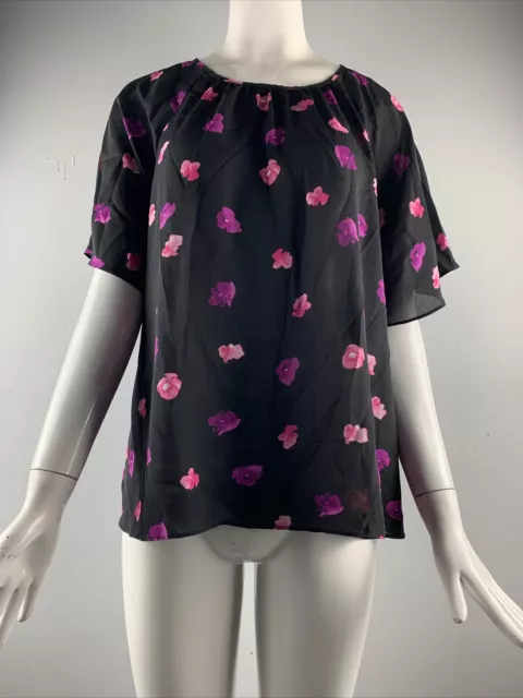 NWT CeCe Womens Floral Printed Keyhole Back Blouse Black Size XS