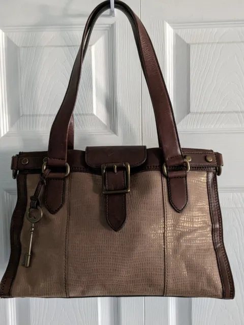 Fossil Vintage Revival Brown and Tan Textured Metallic Leather Satchel Tote