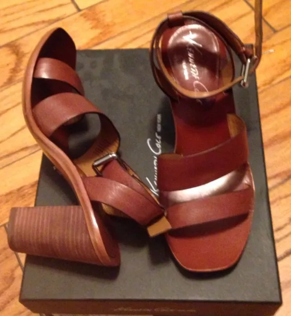 Kenneth Cole New York 7 7.5 8 Stacked Heel Cognac Brown Sandals Shoes Leather