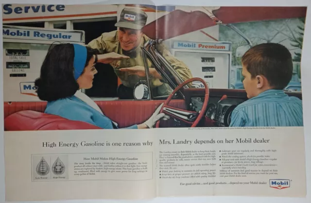 1960s Bronxville NY Gas Station Mobil Oil Ms Landry Car Colorful Vtg Print Ad