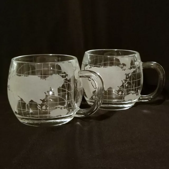 Vintage Nestle Etched World Globe Glass Mug Hot Chocolate Coffee Set of 2