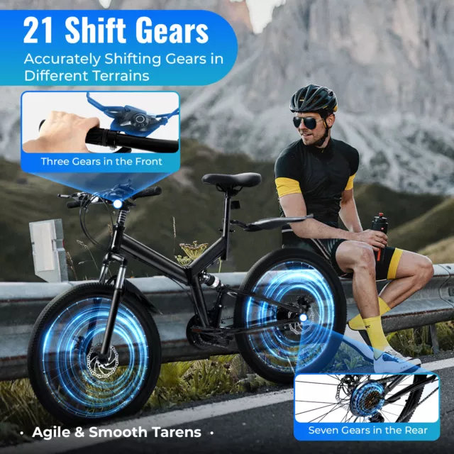 26" Folding Mountain Bike Adult Bike MTB Bicycle 21 Speeds Full Suspension Black