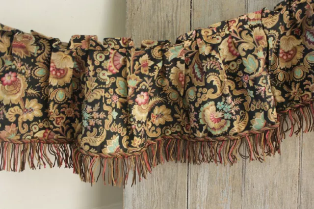 Valance Antique French Belle Epoque floral ruffle with fringe trim black ground