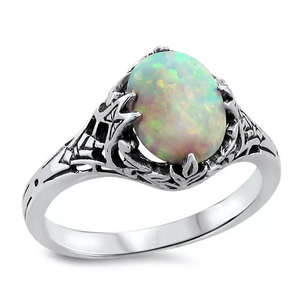 925 Sterling Silver Victorian Style Lab-Created Opal Filigree Ring          #486