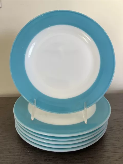 6 Vintage PYREX TURQUOISE BLUE BAND 8 1/4" LUNCHEON/SALAD PLATES Milk Glass AQUA