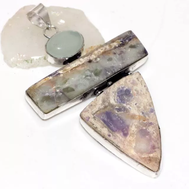 925 Silver Plated-Purple Fluorite Aqua Chalcedony Long Pendant Jewelry 3" JW