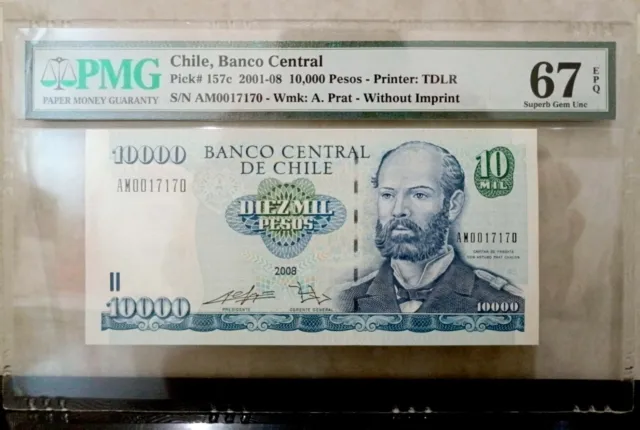 Chile 10000 Pesos 2001-08 P#157c UNC PMG 67 EPQ