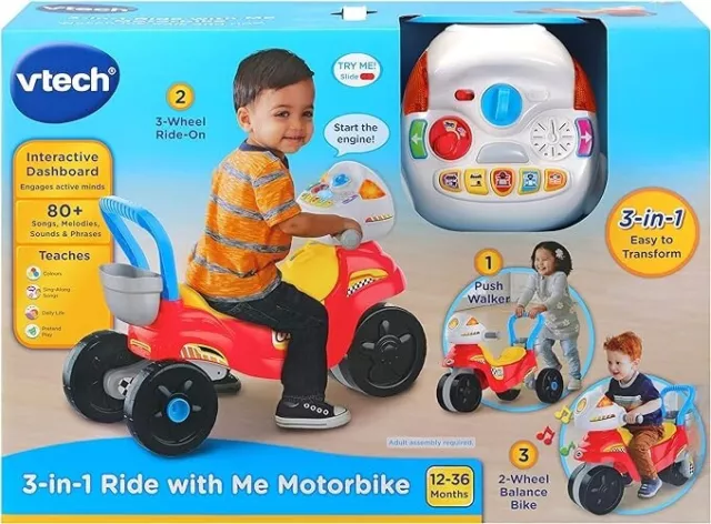VTech 3-in-1 Fahrt mit mir Motorrad, Baby Walker für Kleinkinder, interaktives Spielzeug f