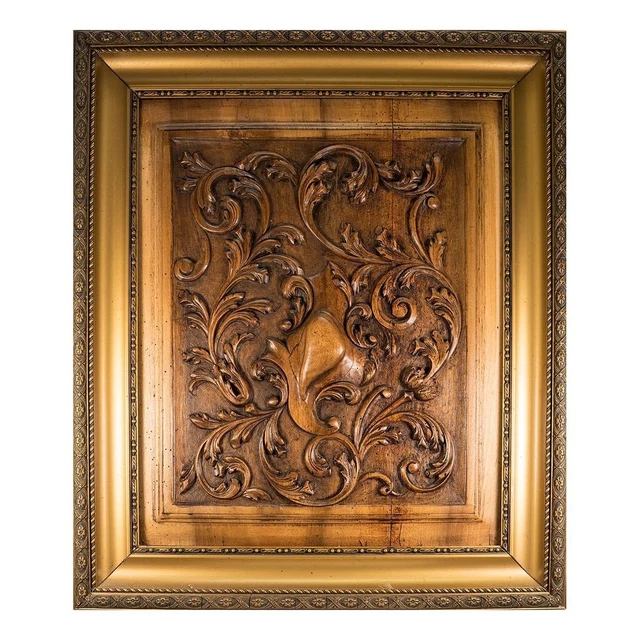Antique French Carved Wood Panel, Frame: Acanthus & Shield Panel, Door, 27"x23"