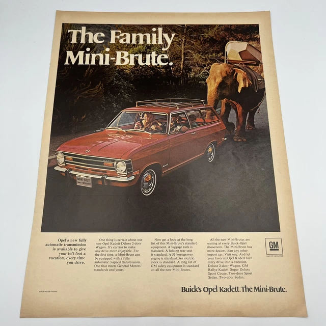 1969 Buick Opel Kadett Vintage Print Ad 10"x13.5" the family mini brute elephant