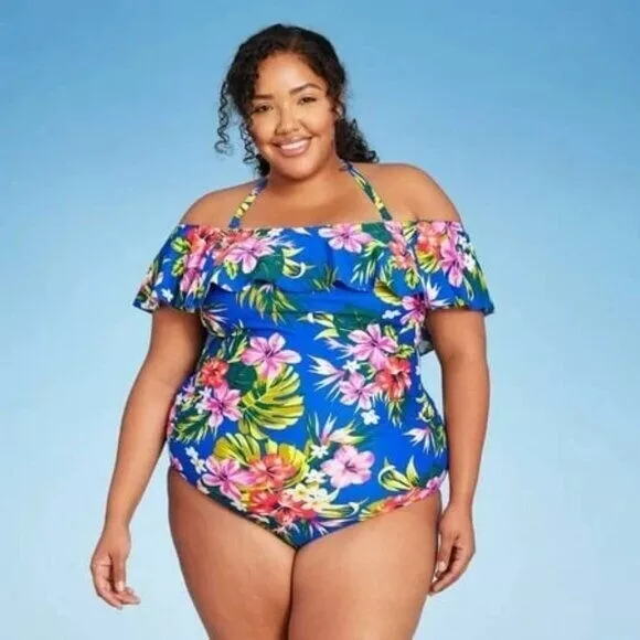 Kona Sol Swimsuit One Piece Blue Tropical Floral Off Shoulder Plus Size 14W