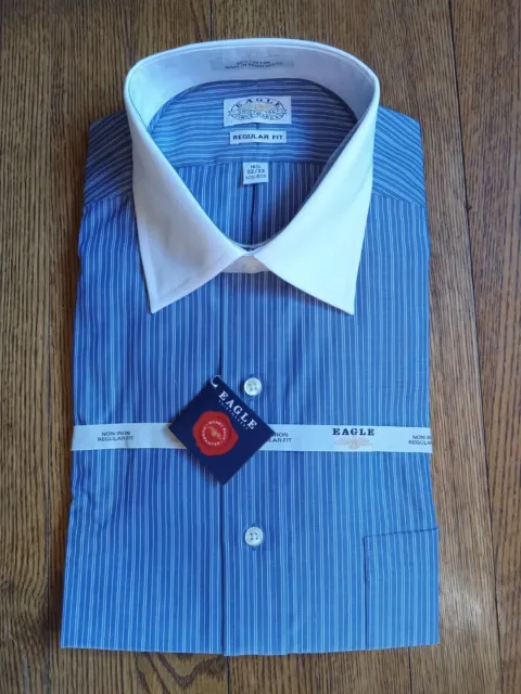 EAGLE Shirtmakers Men 16.5 32/33 Regular Fit Non-Iron Blue Striped