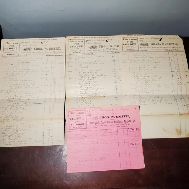Set of 4 Antique 1886 Lumber Billhead Receipts Washington DC Thomas W. Smith