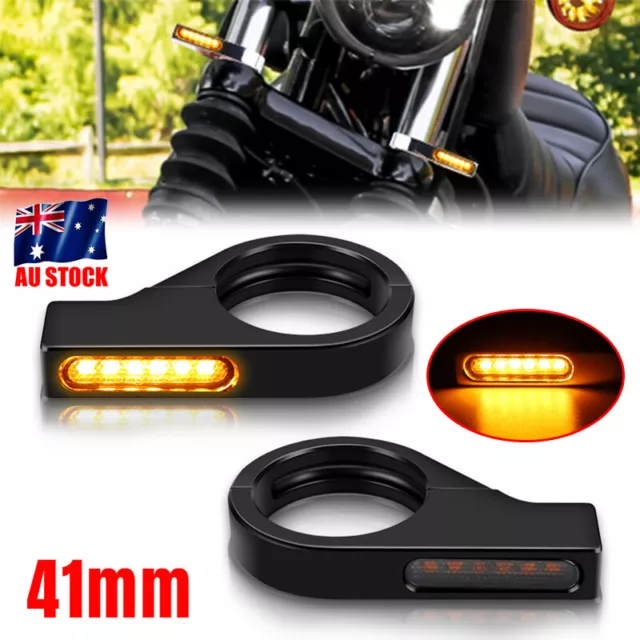 2x Front Motorcycle LED Turn Signal Indicators w/ 41mm Fork Tubes Clamp Mount AU