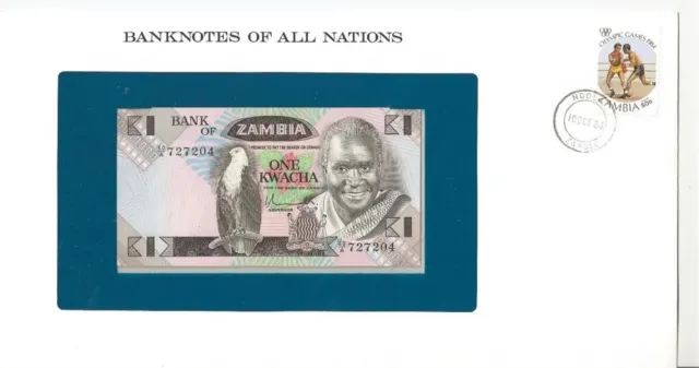 Zambia - 1 Kwacha 1980 - 1988 UNC Banknotes of all Nations in the envelope