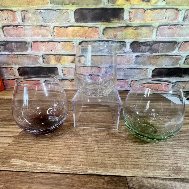 Six Pier 1 Crackle Glass Handblown Balloon Wine Glasses Teal Amber Green  Purple