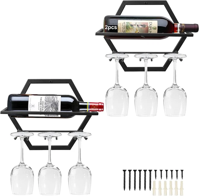 YALINKA 2Pcs Wall Mounted Wine Bottle Stemware Rack, Metal Hanging Wine Display