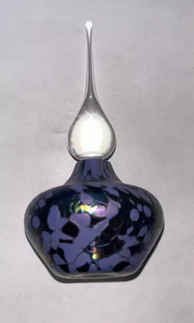 Roger Vines Art Glass Perfume Bottle 5" purple Iridescent Hand Blown Signed 1995
