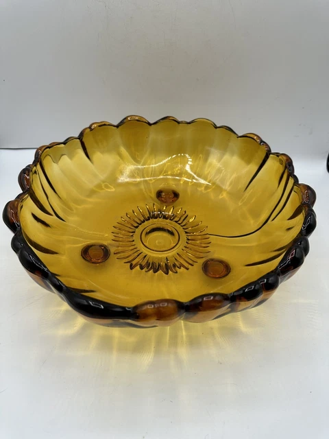 Vintage Amber Glass Bowl Centerpiece Console Scalloped  Footed 10.75" MCM