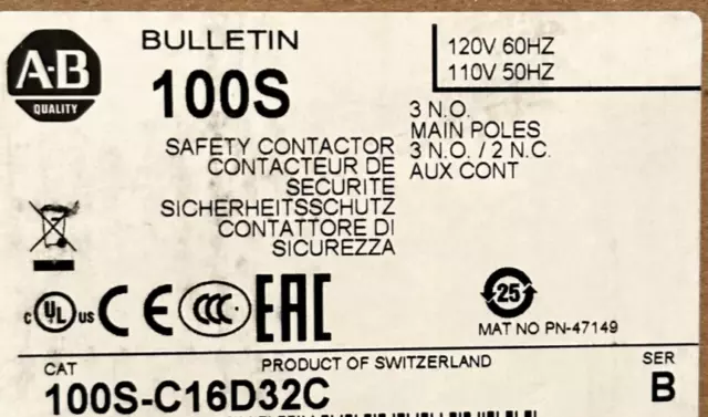 Neuf ! Allen Bradley 100S-C16D32C Sécurité Contacteur 100-C16 10 Et 100S-F Ser B 3