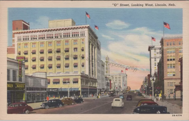 Lincoln, NE: "O" Street Looking West - Vintage Nebraska Linen Postcard