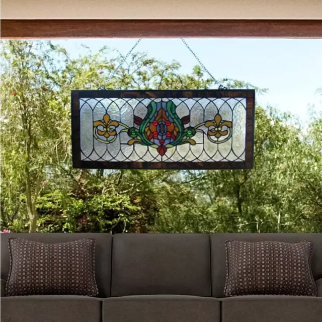 Window Panel Stained Glass Pub Handcrafted Fleur De Lis with Decorative Chain