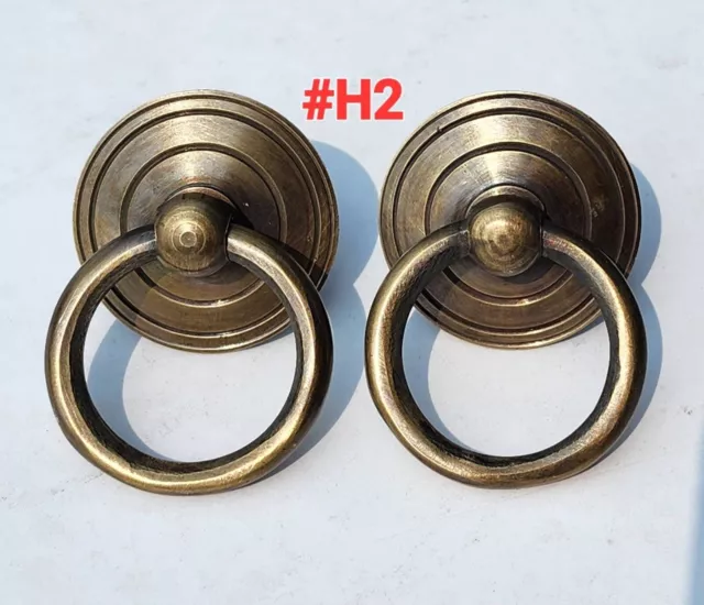 2 Rustic Antique Style Brass Round Ring Pull Handles Backplate 1-3/4"dia.   #H2