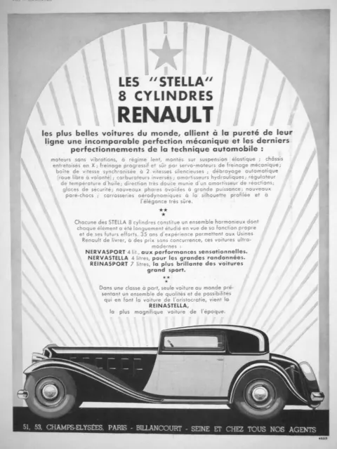 Publicité 1933 Stella 8 Cylindres Renault Nervasport 4 L Nervastella Reinasport