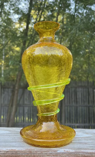 Rare Czech Kralik Crackle Glass Golden Yellow Vase with Applied Vaseline Snake 3
