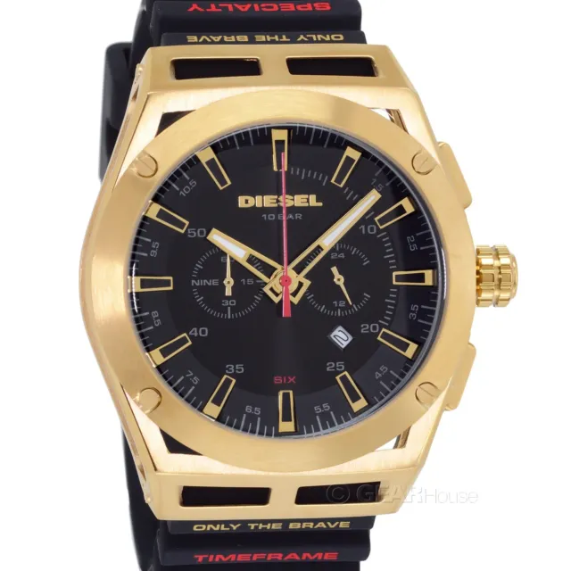 DIESEL Timeframe Mens Gold Chronograph Watch, Black Dial, Silicone Band