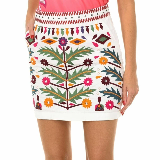 Jupe Asymétrique Brodée Desigual Femme Taille XS - Bleu Foncé, Maille Coton/Élasthanne, Neuf Sans Étiquette