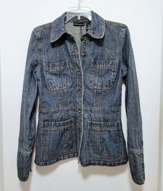 DKNY Blue Denim Jean Jacket 100% Cotton Button Front Collared Coat Women's L