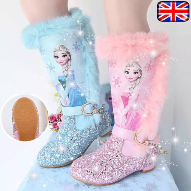 UK Stock Winter Kids Girls ELSA Princess Cosplay Party Plush Fleece High Boots