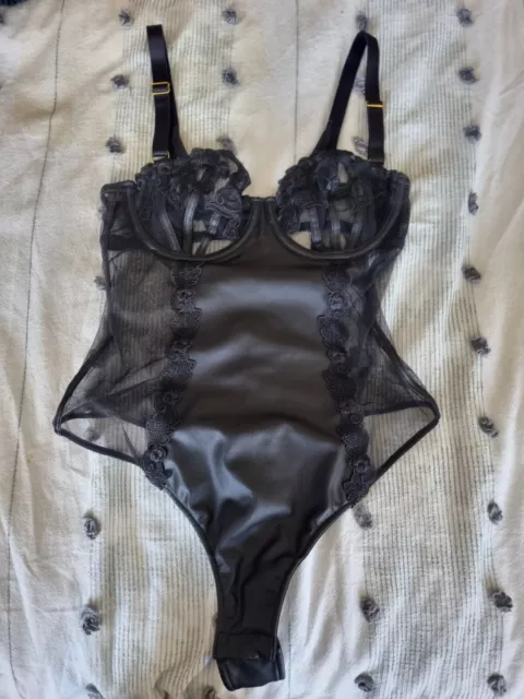 Bras N Things - Black Leather Look Bodysuit - (Size 8B/C - 30B/C)